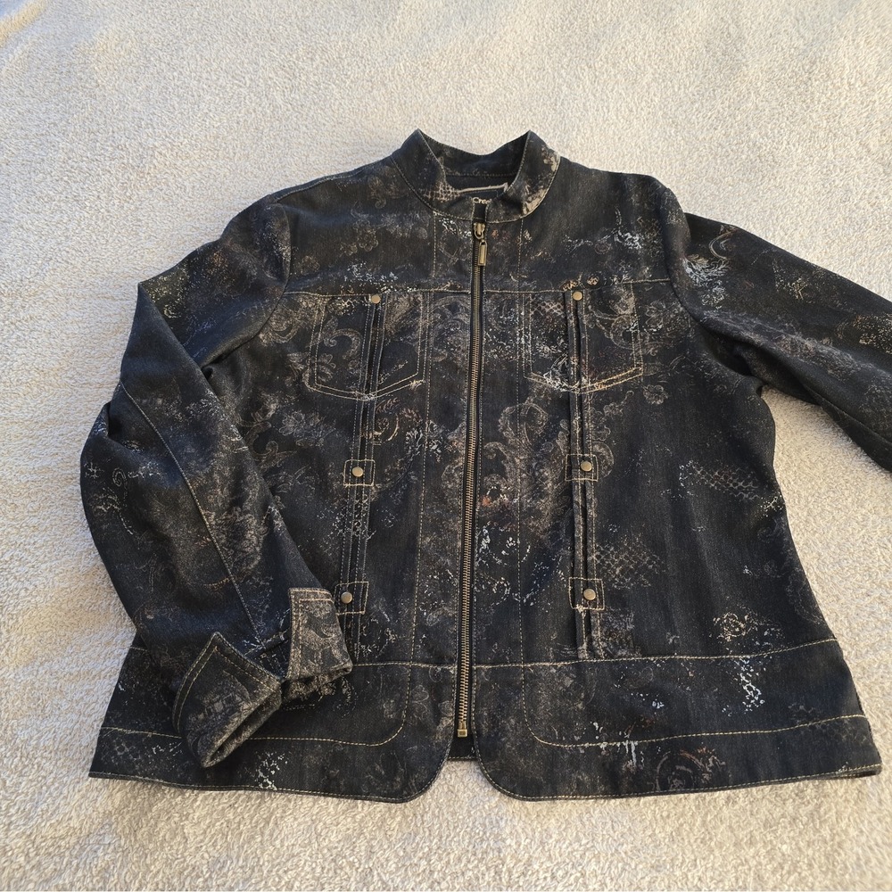 Coldwater Creek Black Full-zip Lightweight Jacket Subtle Floral Design Studs 16